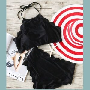 Scalloped trim halter high waist bikini set